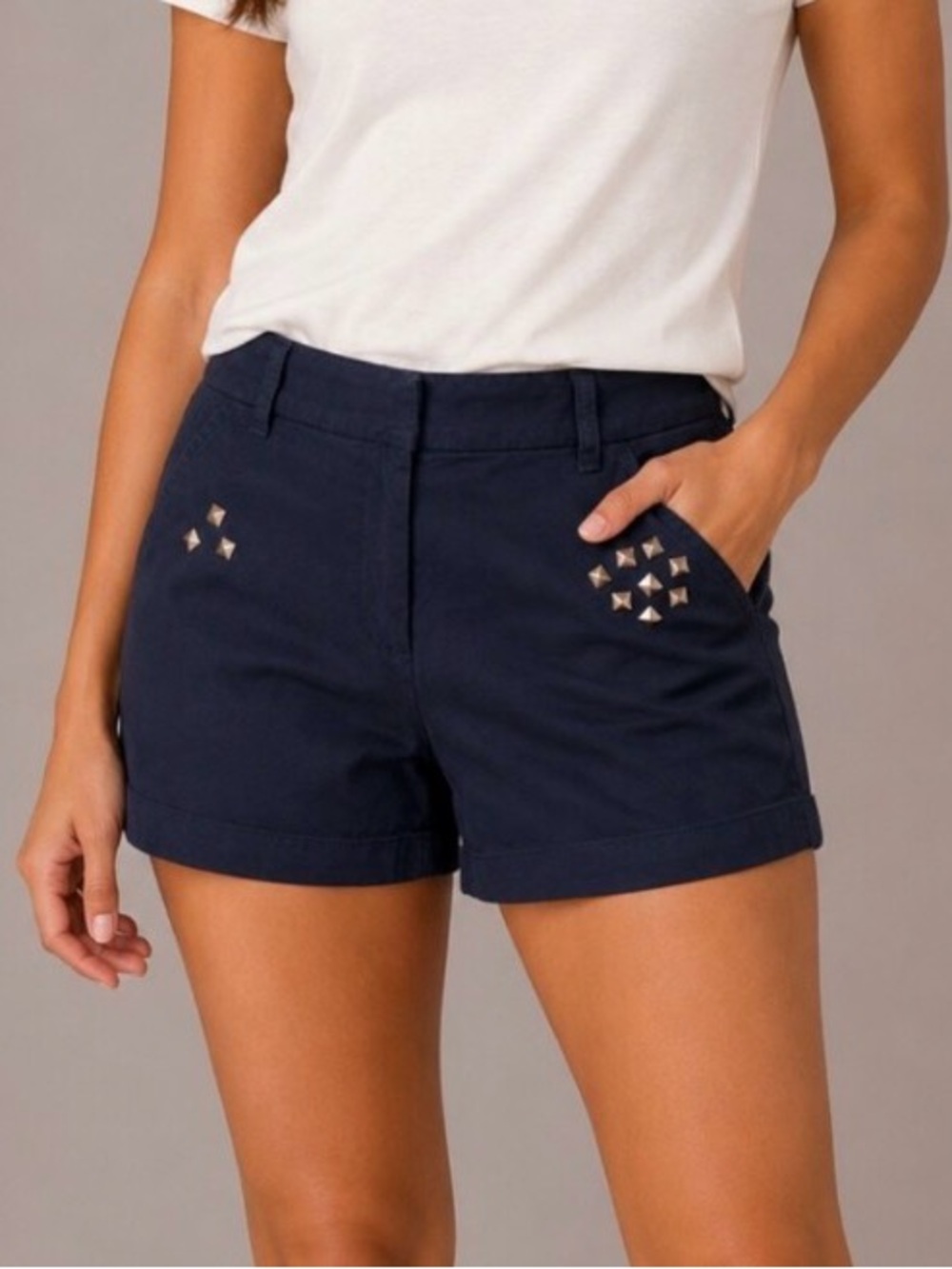 J.Crew Navy Chino Shorts Size 4 Gold Star Studs Flat Front Cotton Preppy Summer